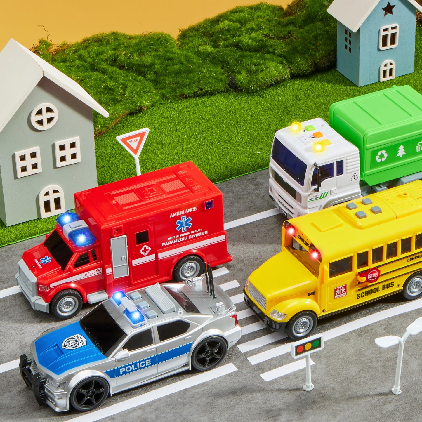 JOYIN 4-Pc 7" Vehicle Toy Set for Toddlers with Lights & Siren – Police Car, School Bus, Garbage Truck, Ambulance – Birthday Gift for Boys 3-5