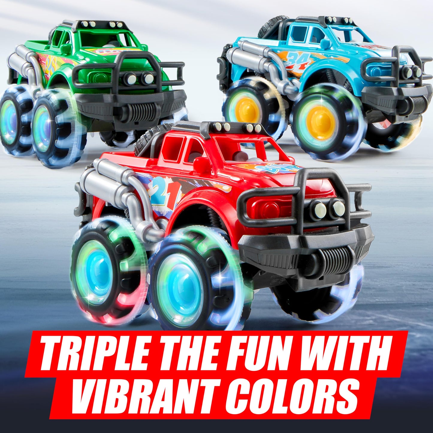 Vroomix 3Pack Monster Truck Toy - Toy Truck with Flashing LED Wheels - Light-Up Cars for Toddlers - Birthday Gift for Boys Girls - Friction-Powered