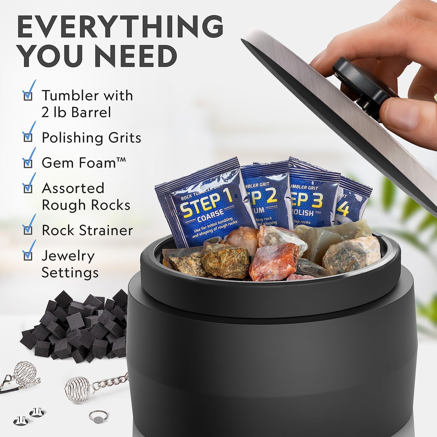 National Geographic Platinum Series Rock Polisher Kit - Ultra Quiet 2 lb Barrel Tumbler with Rocks, Grit & GemFoam for Kids & Adults