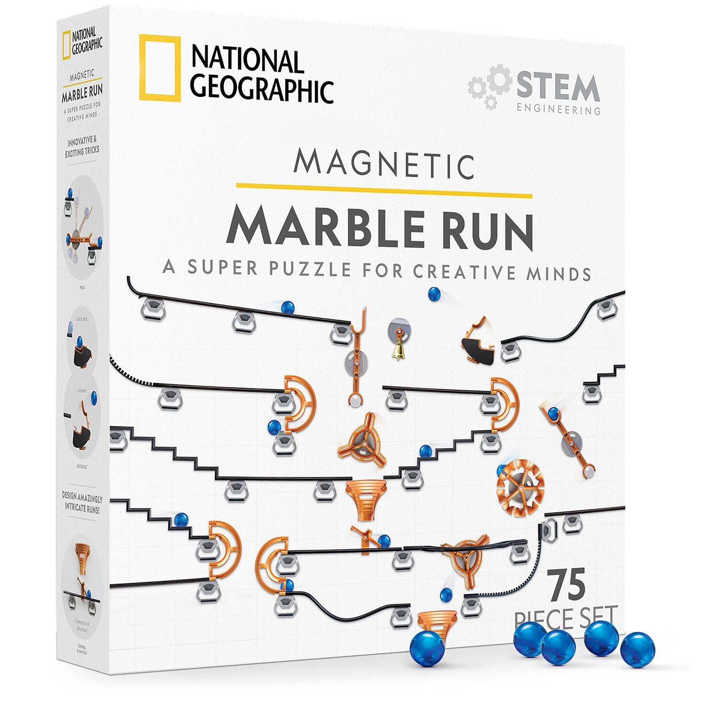 National Geographic Magnetic Marble Run - 75-Piece STEM Building Set with Magnetic Track, Trick Pieces & Marbles for Kids & Adults