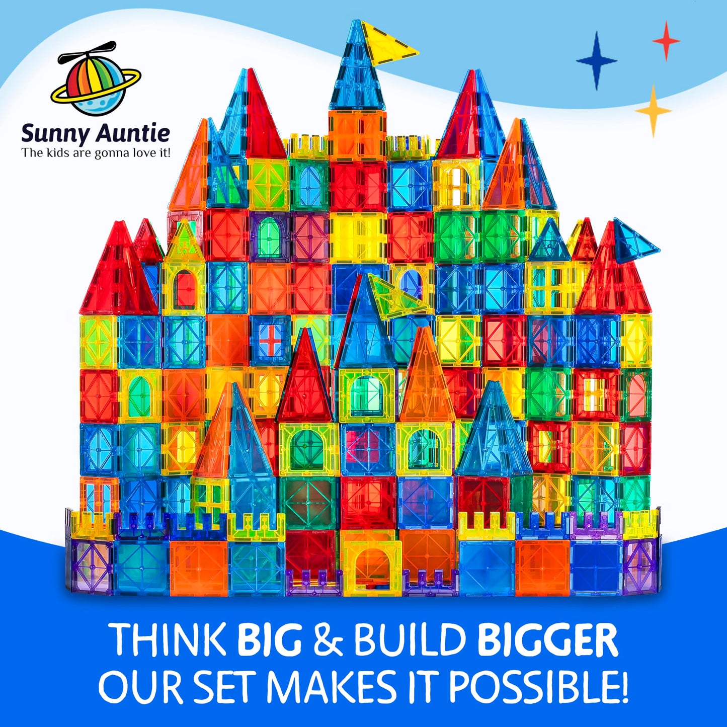 SUNNY AUNTIE 125+ Magnetic Tiles with Bonus Zippered Case, STEM Building Set for Kids Ages 3-8, Fun Gift for Boys & Girls