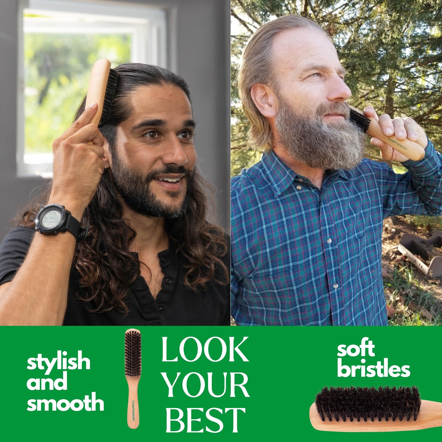 GranNaturals Boar Bristle Slick Back Brush – Soft/Medium Hairbrush for Smooth, Sleek, Frizz-Free Styles – Polishes & Lays Hair Flat – Wooden Handle