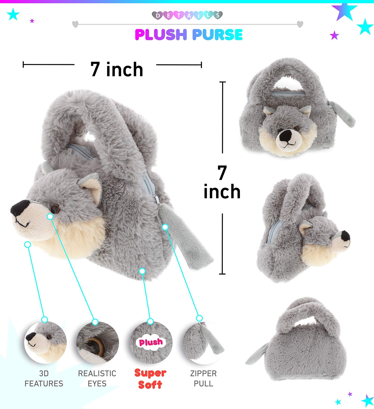 DolliBu Gray Wolf Plush Handbag – Soft Stuffed Animal Purse for Kids, Cute Toy Hand Bag for Pretend Play, Dress Up & Accessories