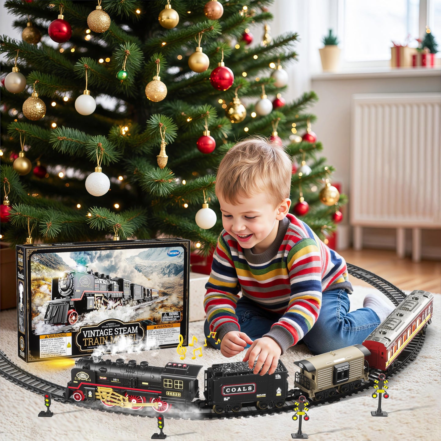 Funwee Electric Train Set with Smoke, Lights & Sounds – Classic Locomotive Train Toy with Track for Kids, Christmas Tree Decoration, Ages 3–7+