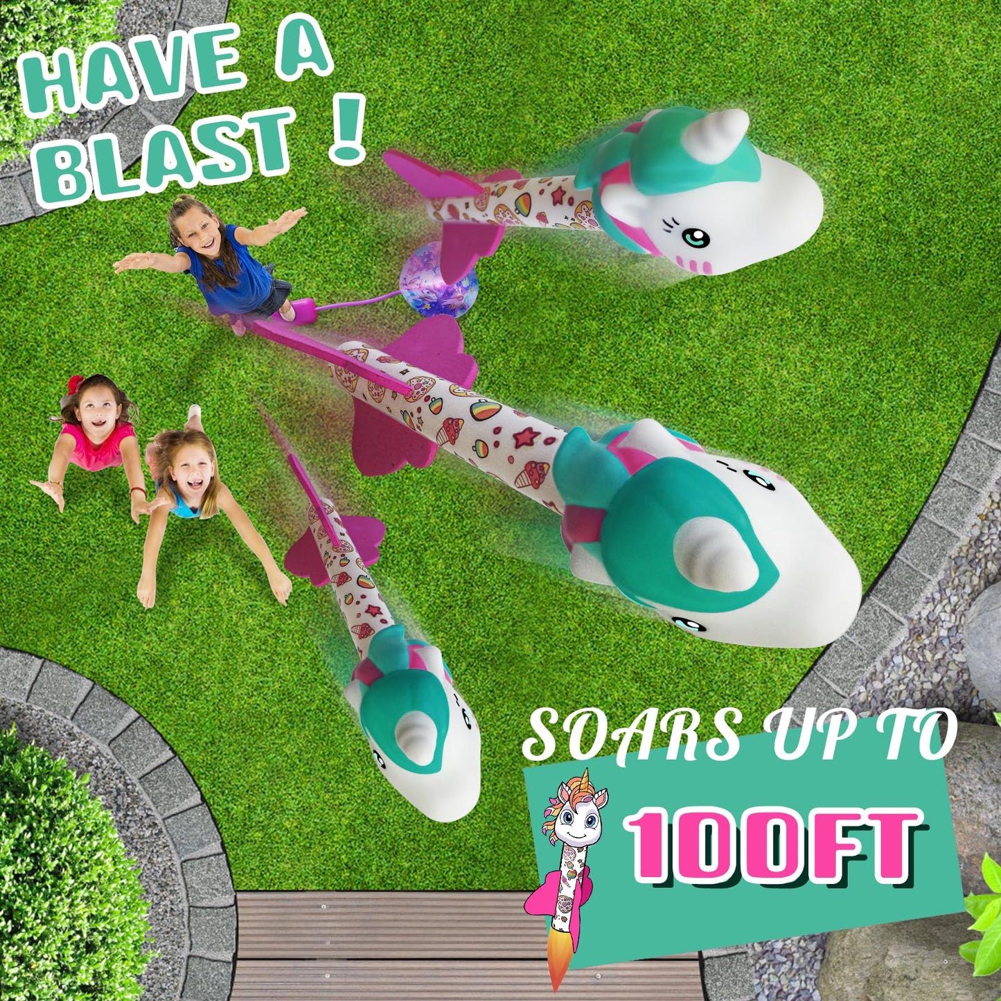 Sygreatweek Unicorn Rocket Launcher for Kids – Launch Up to 100 Ft, 4 Unicorn Rockets, Outdoor Fun Toy for Boys & Girls 5-8 Years