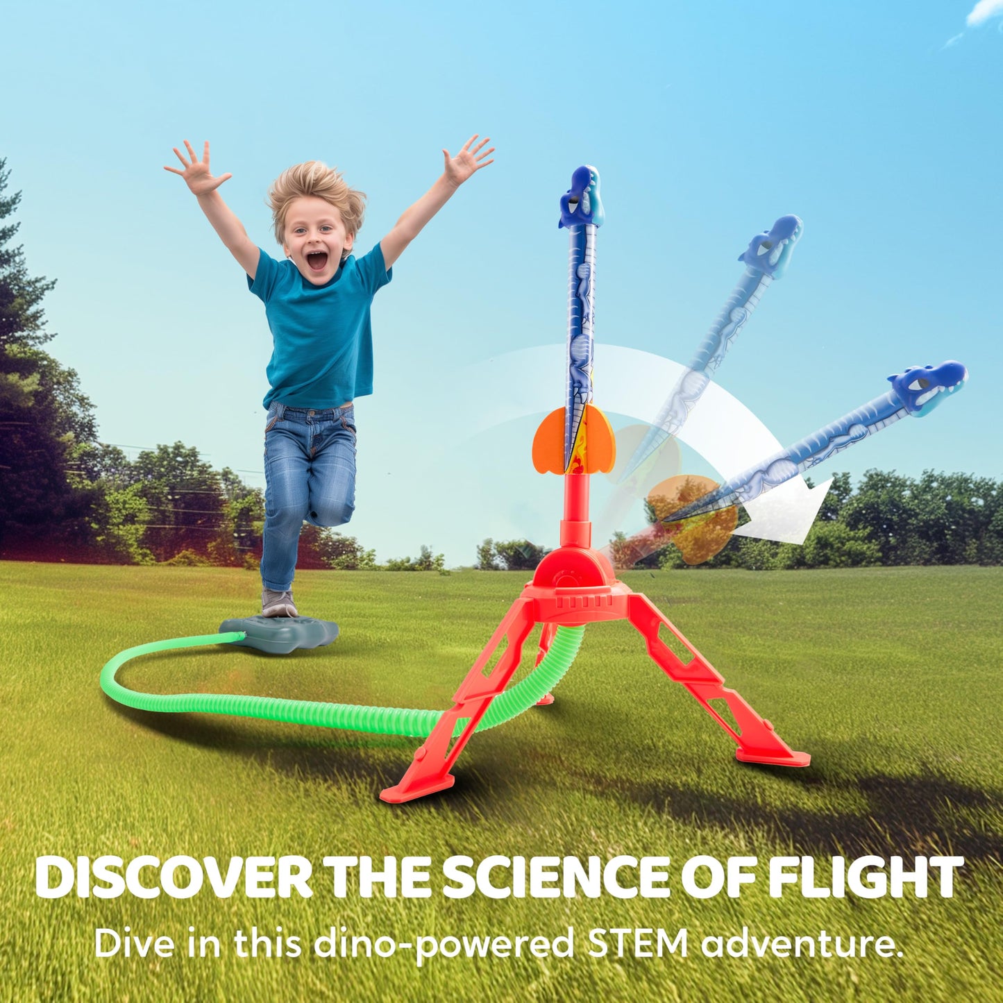 JOYIN Dinosaur Foam Rocket Launcher Toy for Kids – 6 Dino Rockets, Launches Up to 100 ft, Fun Gift for Boys 3-8, Birthday & Family Play