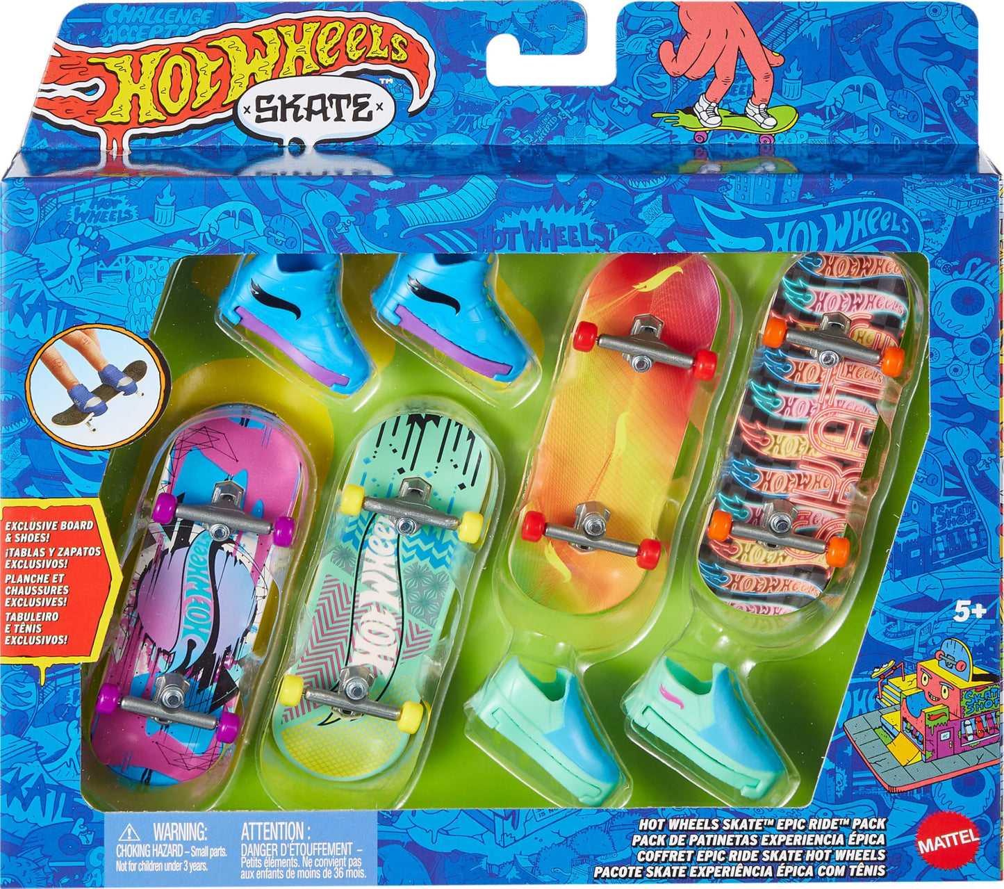 Hot Wheels Tony Hawk Fingerboard Multipack – 4 Boards, 2 Pairs Removable Skate Shoes, Exclusive Set, Styles May Vary