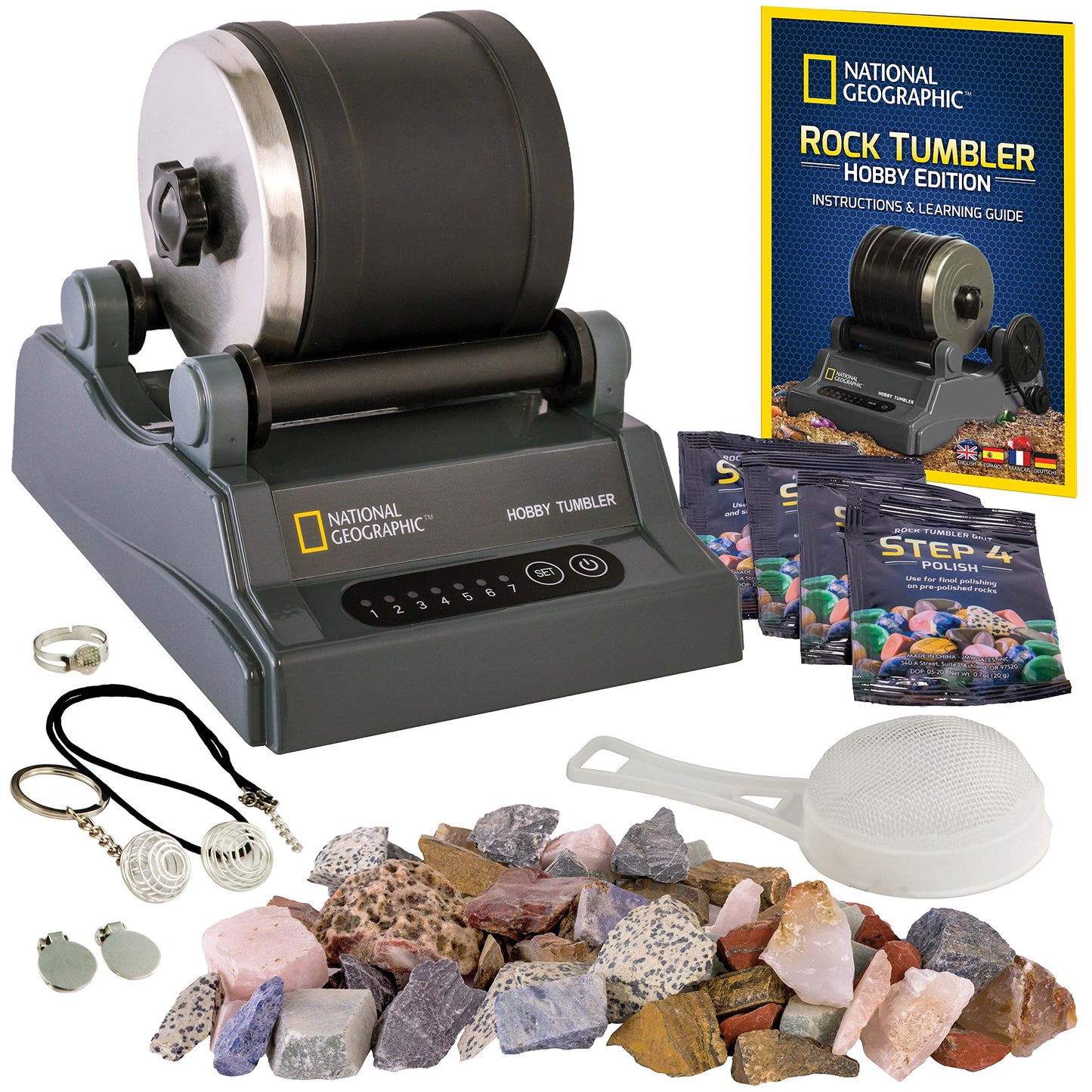 National Geographic Rock Tumbler Kit – Hobby Edition with Rough Gemstones & 4 Polishing Grits, STEM Science Kit for Kids & Adults