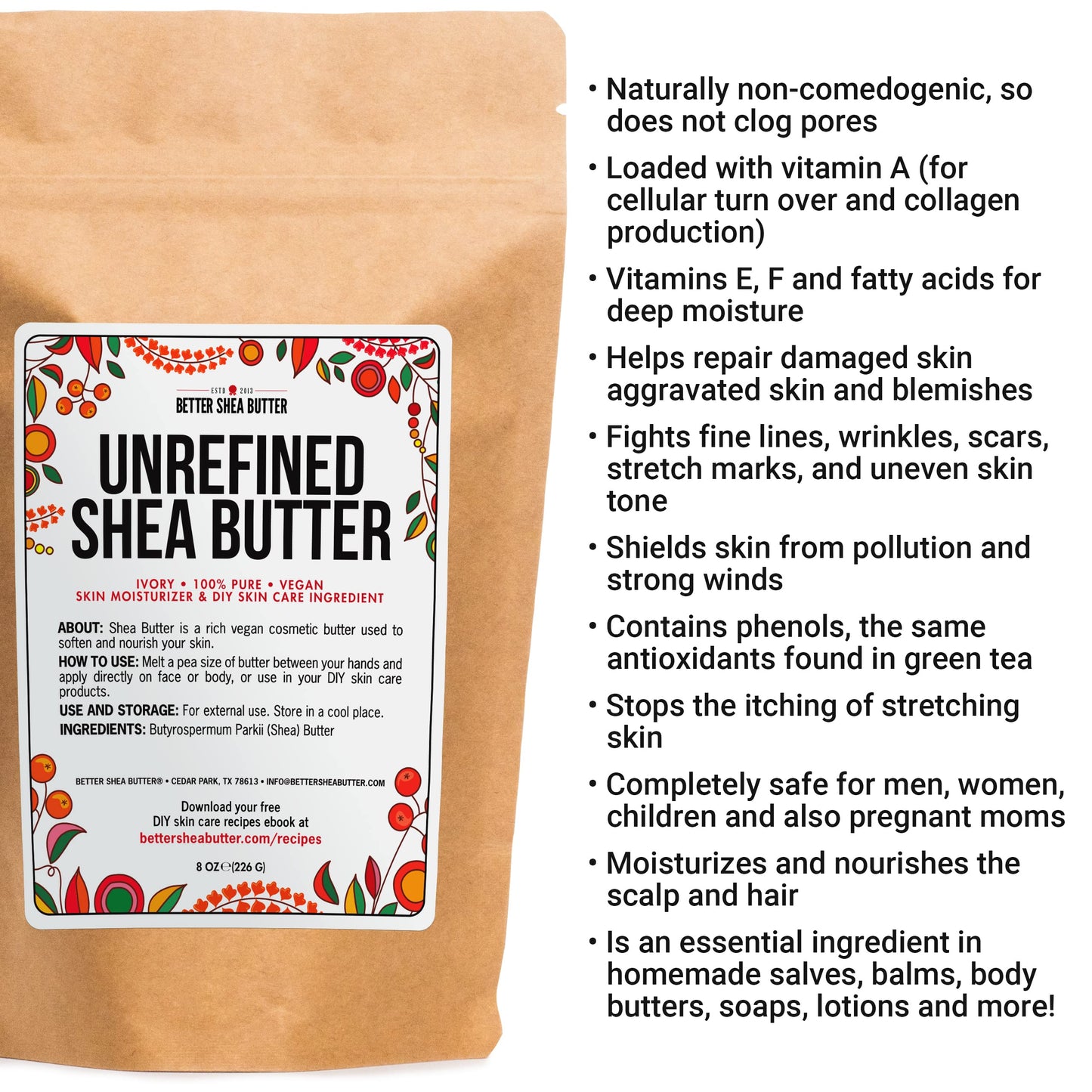 Raw Shea Butter – 100% Pure African Unrefined, Hair & Skin Moisturizer for Face, Body, DIY Soap, Whipped Lotion & Lip Balm, 8 oz