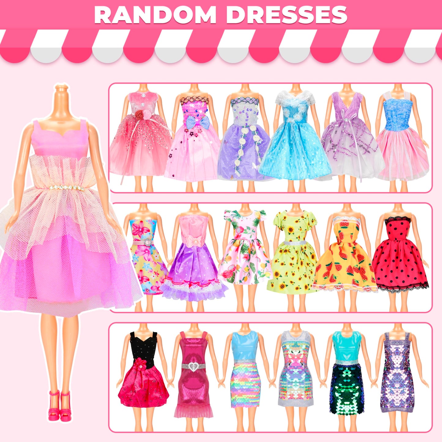 130-Piece Doll Clothes & Accessories Set for 11"-12" Dolls – 4 Princess Gowns, 8 Dresses, Tops, Pants, Shoes, Swimsuits & Hangers