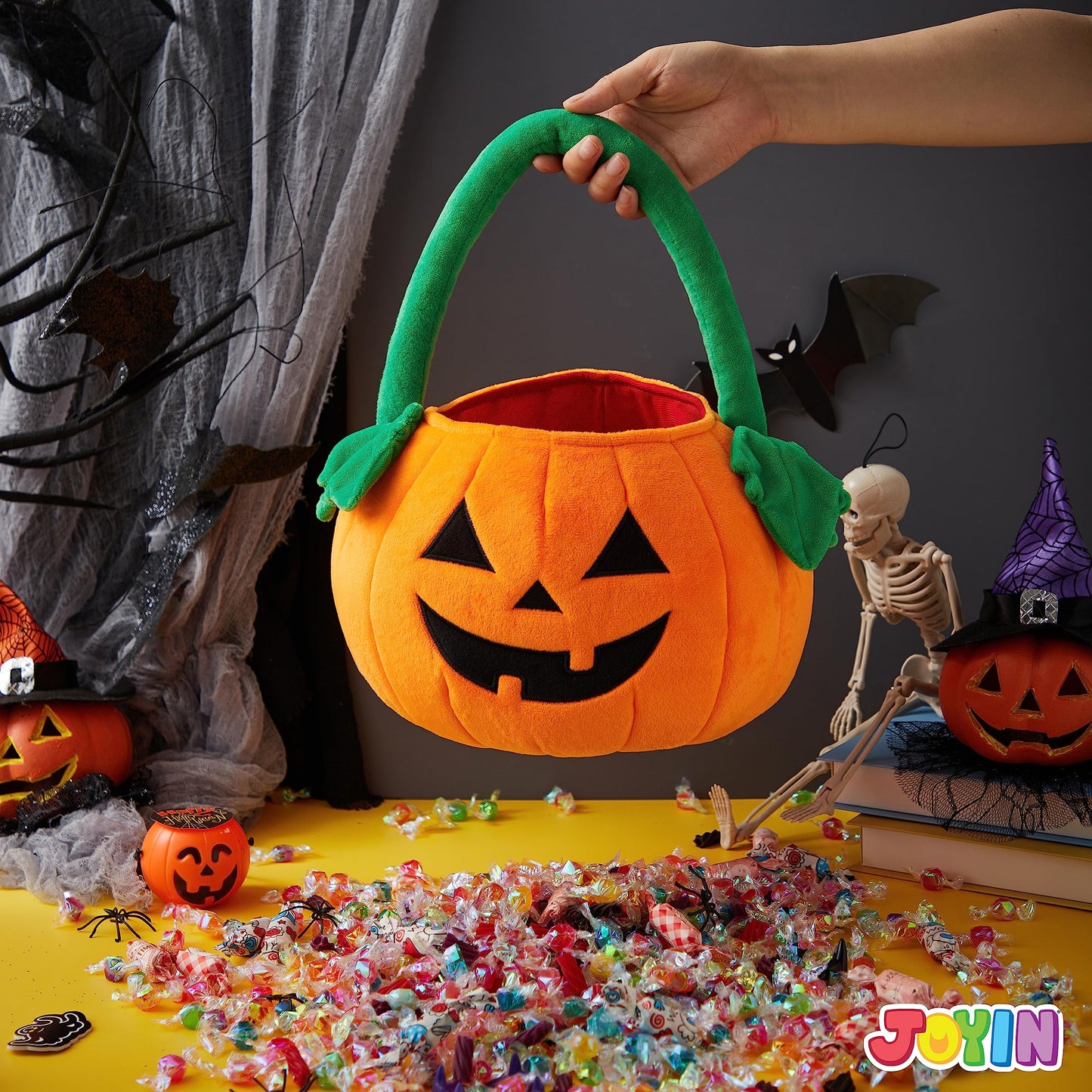 JOYIN Halloween Pumpkin Plush Tote Candy Bag, 11"x13.4" Trick or Treat Basket with Handle for Kids, Party Favors & Gifts