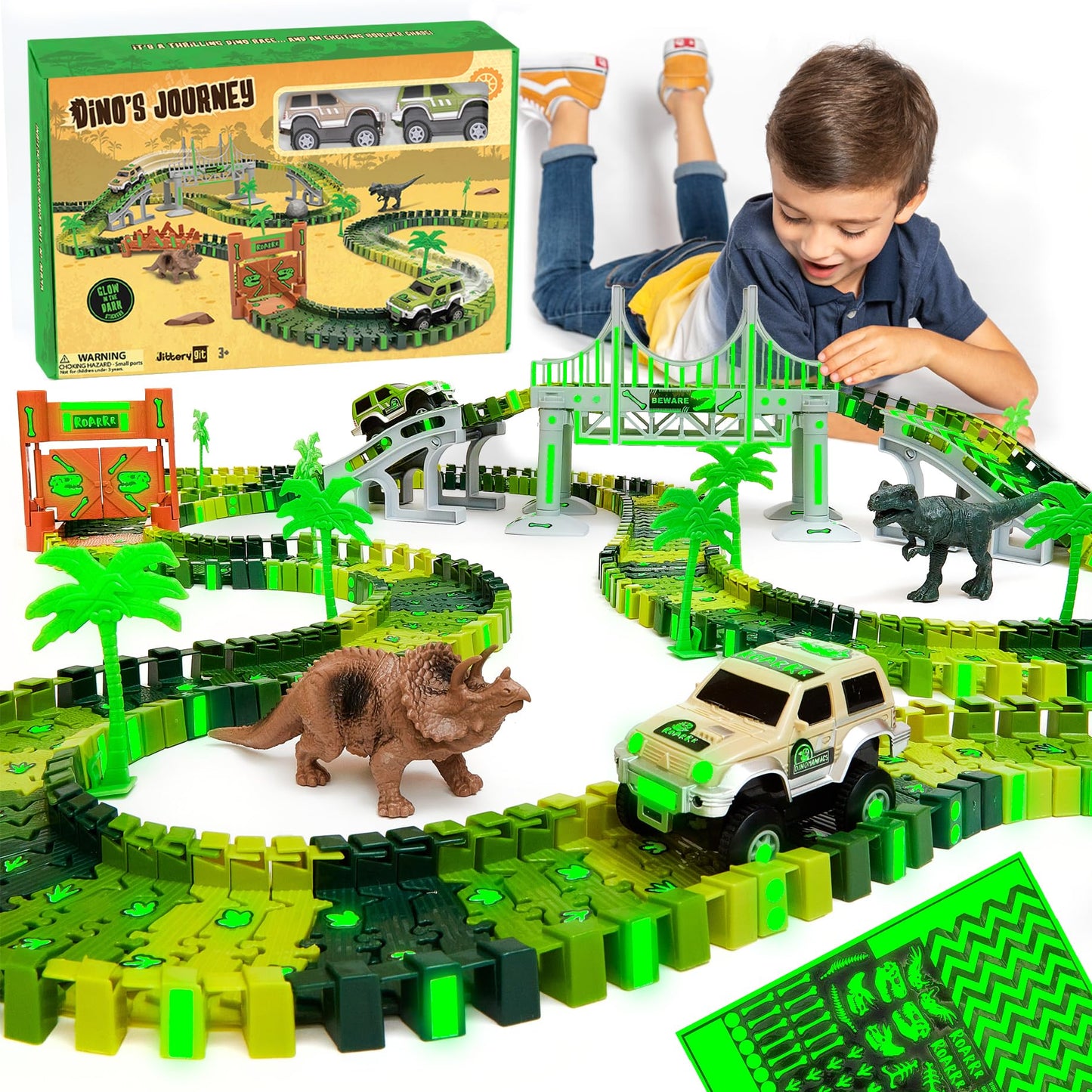 JITTERYGIT Dinosaur Jurassic Glow-in-the-Dark Race Track Toy Set with T-Rex & Triceratops – Dino Racetrack Park for Kids Ages 3-8