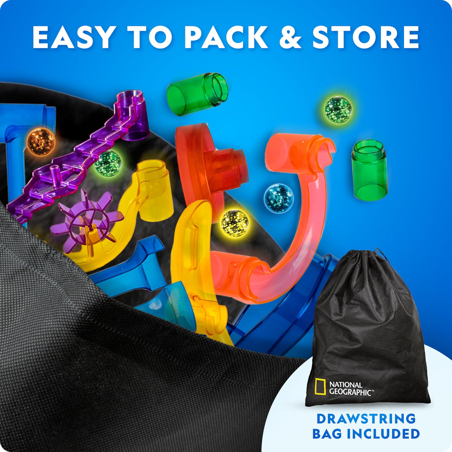 NATIONAL GEOGRAPHIC Glowing Marble Run – STEM Building Set with 15 Glow-in-the-Dark Marbles & Storage Bag, Kids Construction Toy