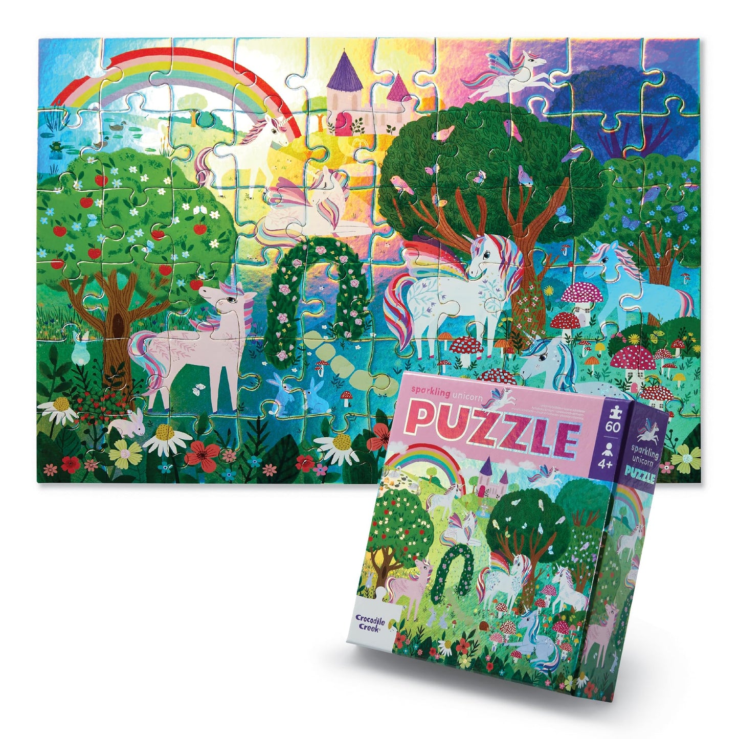 Crocodile Creek 60-Piece Holographic Foil Floor Puzzle for Kids Ages 4-8 and Up - Heavy-Duty Box for Storage - Sparkling Unicorn - 14” x 19” Finished