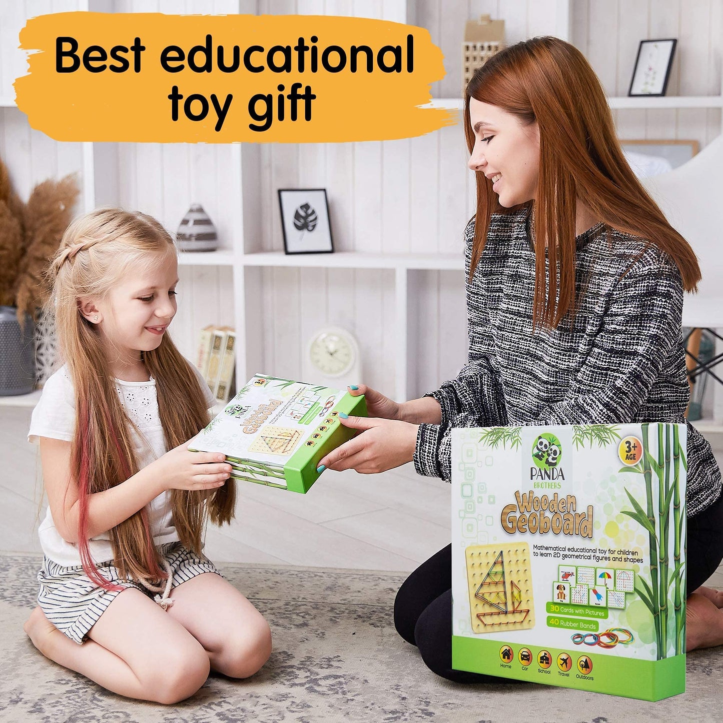 Panda Brothers Wooden Geoboard โ Montessori STEM Toy for Kids Ages 3-5, Includes 30 Pattern Cards & 40 Rubber Bands for Creative Learning