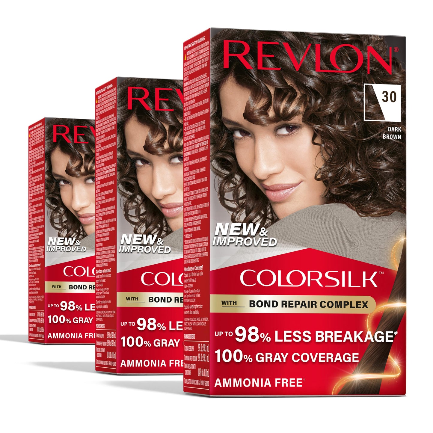 Revlon ColorSilk Brown Hair Dye with Bond Repair Complex, 100% Gray Coverage, Ammonia-Free, Vegan Keratin, 30 Dark Brown, 3 Pack