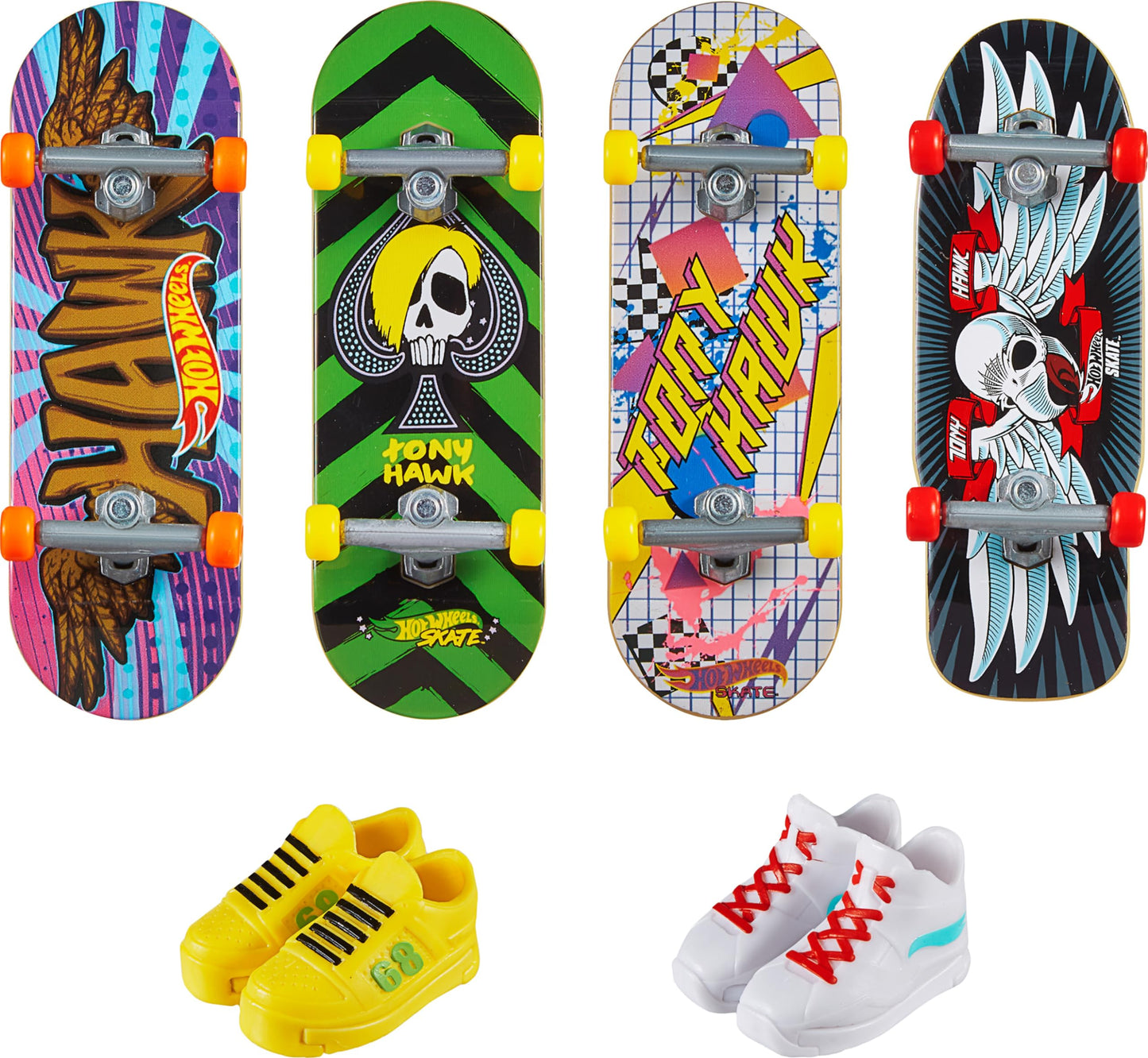 Hot Wheels Skate Tony Hawk Fingerboard & Removable Skate Shoes Multipack, 4 Boards, 2 Pairs of Shoes, 1 Exclusive Set (Styles May Vary)