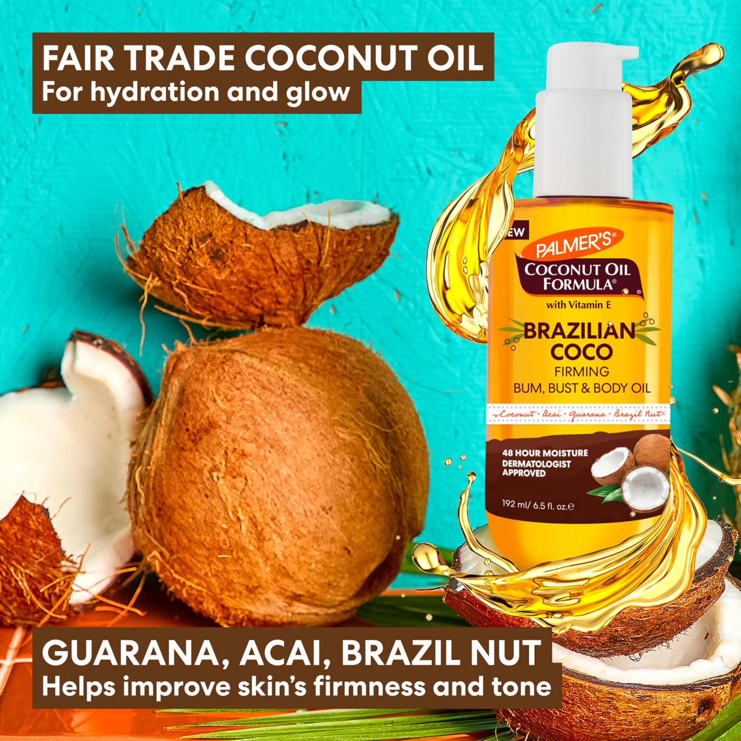 Palmer's Coconut Oil Brazilian Coco Firming Body Oil with Vitamin E, 6.5oz – Tightens & Firms Bum, Bust & Belly, 48Hr Moisture