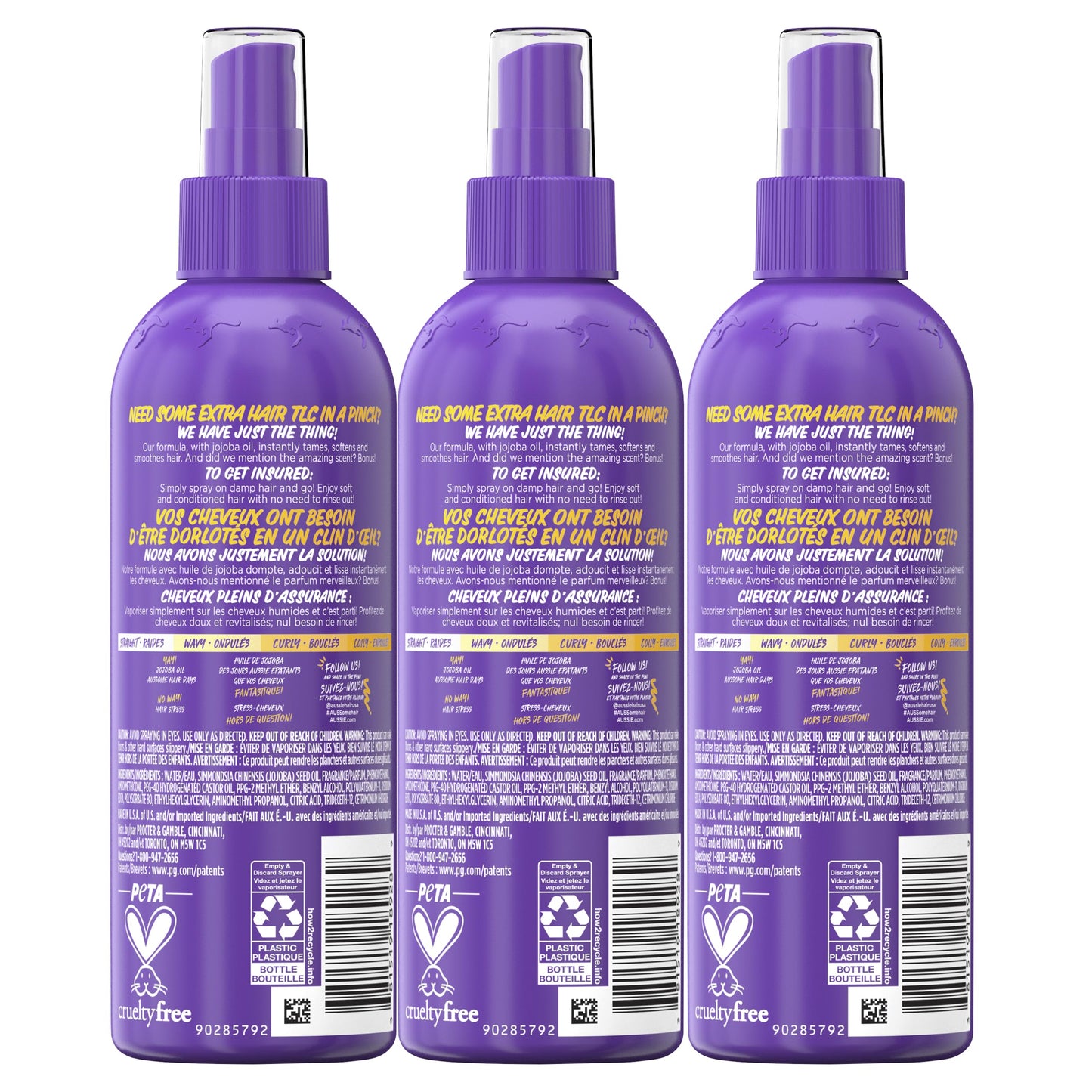 Aussie Hair Insurance Leave-In Conditioner Spray, Frizz Control & Softening with Jojoba & Sea Kelp, Moisturizing for All Hair Types, 8 Fl Oz, 3 Pack