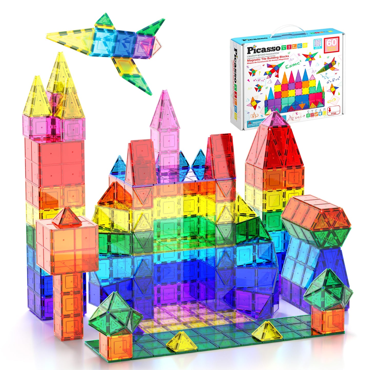 PicassoTiles 60-Piece Clear Magnetic Building Tiles Set – 3D Construction Blocks for Creative, Educational & Recreational Play