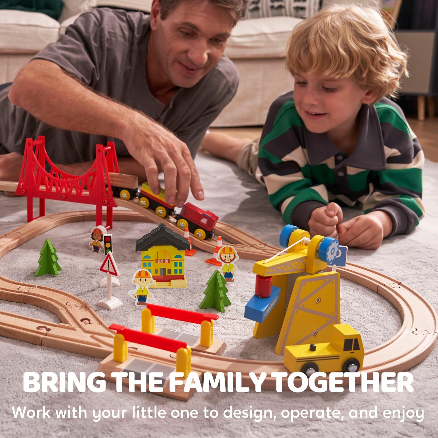 60PCS Wooden Train Set - Construction Express Railway with Magnetic Crane, Trains & Accessories, Fun Birthday & Christmas Gift for Kids 2-8