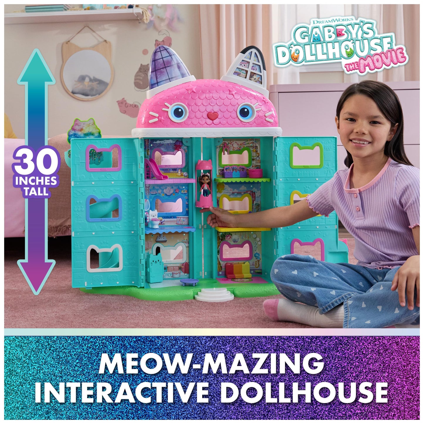 Gabby's Dollhouse: The Movie, Meow-Mazing Interactive Dollhouse, 7 Rooms, LCD Screen Eyes, Figures, Sound FX, Kids Toys for Girls & Boys Ages 3 and Up