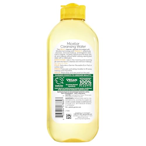 Garnier Micellar Water with Vitamin C – Brightening & Hydrating Makeup Remover & Facial Cleanser, Vegan & Cruelty-Free, 13.5 fl oz