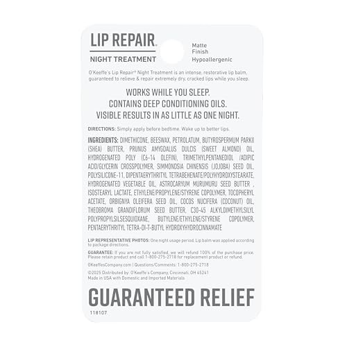 O'Keeffe's Lip Repair Night Treatment Lip Balm for Dry, Cracked Lips - 0.25 Ounce Jar (1 Pack) - Moisturizer Extremely Cracked, Dry Lips