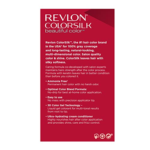 Revlon Colorsilk Beautiful Color 010 Black Hair Dye – Ammonia-Free Permanent Color for 100% Gray Coverage, Shine & Silky Soft Hair, 1 Pack