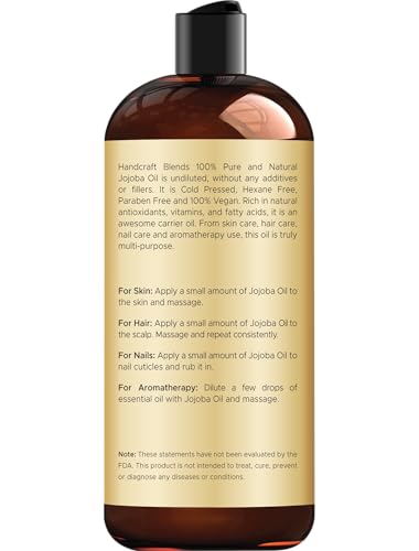 Handcraft Blends 100% Pure Jojoba Oil, Cold-Pressed 16 Fl Oz – Natural Carrier Oil for Skin, Hair & Body Massage – Hexane-Free, Curl Relaxer