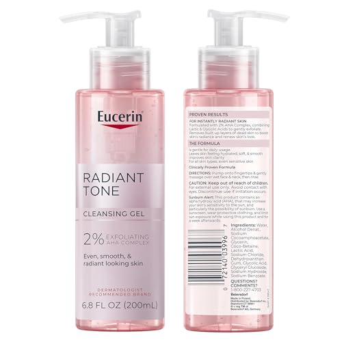 Eucerin Radiant Tone Face Cleanser Gel with 2% AHA, Gentle Exfoliating Face Wash for Clear, Radiant Skin, All Skin Types, 6.8 fl oz
