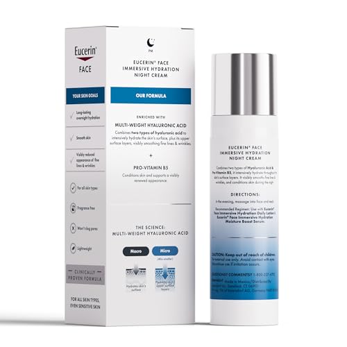 Eucerin Face Night Cream with Hyaluronic Acid & Provitamin B5 – Lightweight Hydrating Moisturizer, Smooths Fine Lines & Wrinkles, 2.5 oz