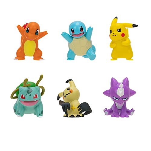 Pokémon Battle Figure 6 Pack-Features 2-Inch Pikachu, Squirtle, Charmander, Bulbasaur, Mimikyu & Toxel-Authentic Details