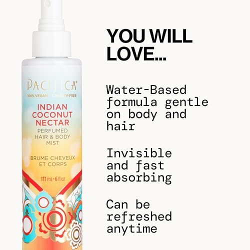 Pacifica Indian Coconut Nectar Hair & Body Mist – Alcohol-Free Perfume with Natural Essential Oils, Coconut & Vanilla Scent, Vegan & Cruelty-Free