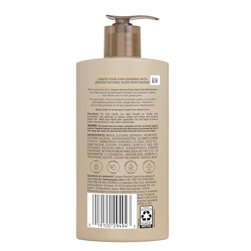 Jergens Natural Glow Hydra Gel Moisturizer with Hyaluronic Acid – Fragrance-Free Self Tanner for Medium to Deep Skin, 8.3 oz