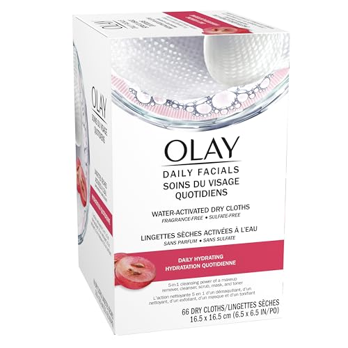 Olay Daily Facials, Daily Clean Makeup Removing Facial Cleansing Wipes, 5-in-1 Water Activated Cloths, Exfoliates, Tones and Hydrates Skin, 66 count
