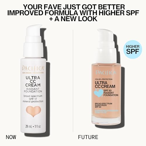Pacifica Ultra CC Cream Radiant Foundation SPF 17 - Warm-Light – Medium Coverage Color Correcting Cream, Dewy Finish, Mineral SPF, 1 oz