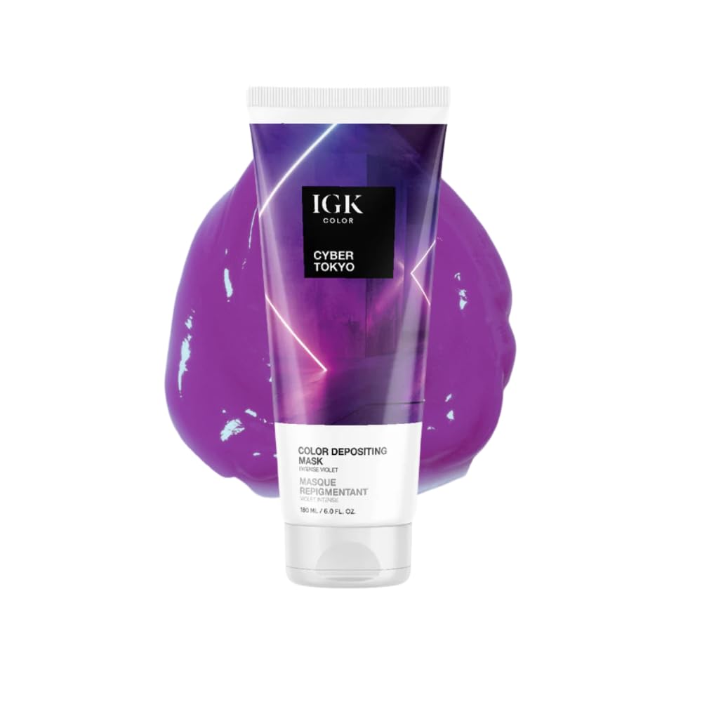 IGK Color Depositing Gloss Mask CYBER TOKYO - Intense Violet | Conditioning + Hydrate + Shine | Vegan + Cruelty Free | 6 Oz