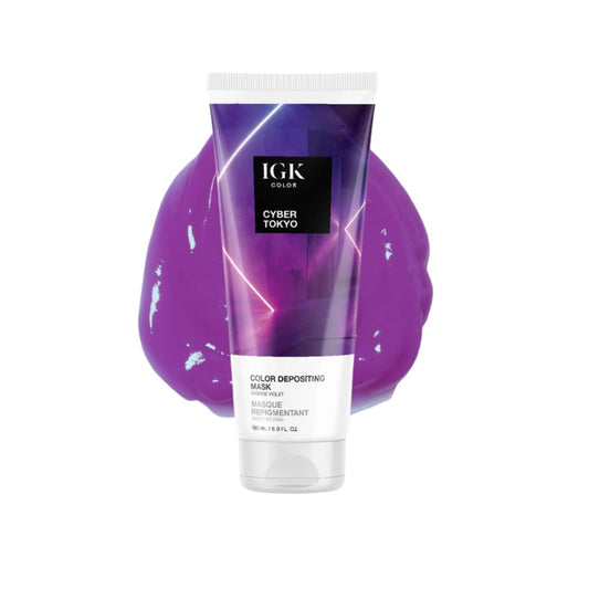 IGK Color Depositing Gloss Mask CYBER TOKYO - Intense Violet | Conditioning + Hydrate + Shine | Vegan + Cruelty Free | 6 Oz