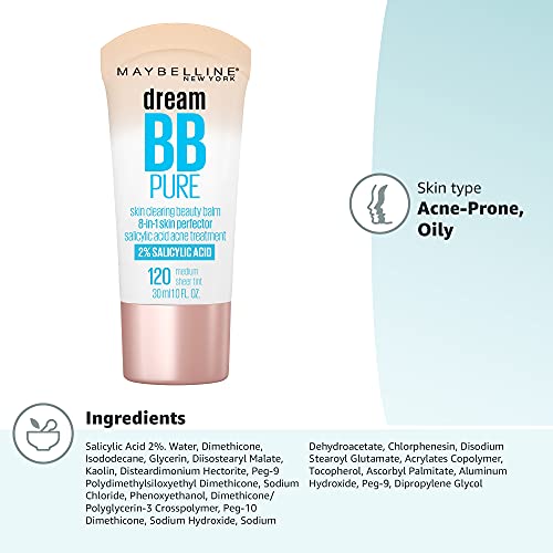Maybelline Dream Pure BB Cream, 8-in-1 Skin Perfecting Beauty Balm with 2% Salicylic Acid, Oil-Free Sheer Tint for Acne-Prone Skin, Medium, 1 Count