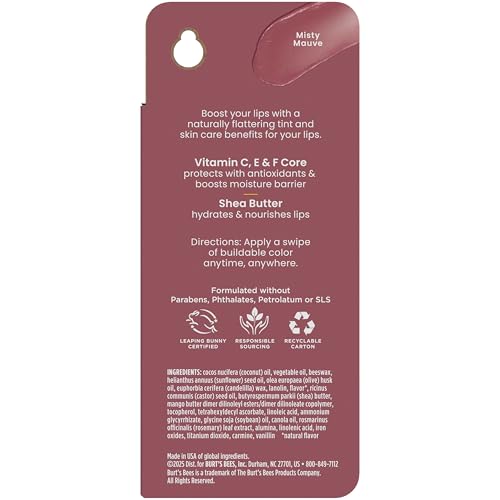 Burt’s Bees Tinted Boosted Balm, Misty Mauve – 24H Hydrating Lip Moisturizer with Natural Beeswax, 100% Natural Origin, Stocking Stuffer, 0.16 oz