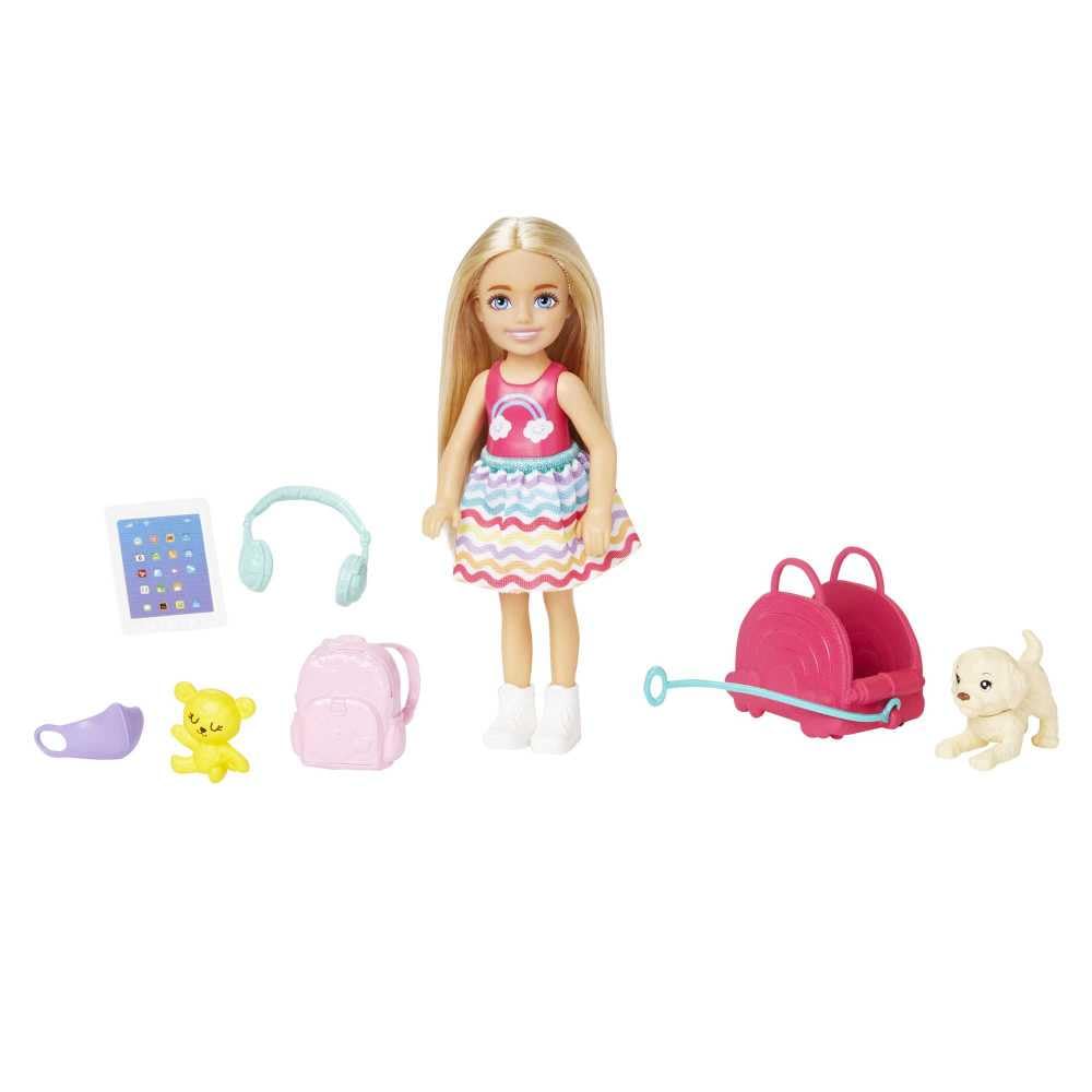 Barbie Chelsea Small Doll & 6 Accessories, Travel Set with Puppy, Pet Carrier & Backpack that Opens & Closes, Blonde Hair