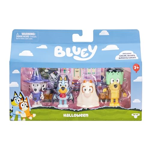 Bluey Halloween Figures 4-Pack – 2.5" Poseable Bingo, Chloe & Lucky with Accessories, Kids Can Recreate Favorite Moments