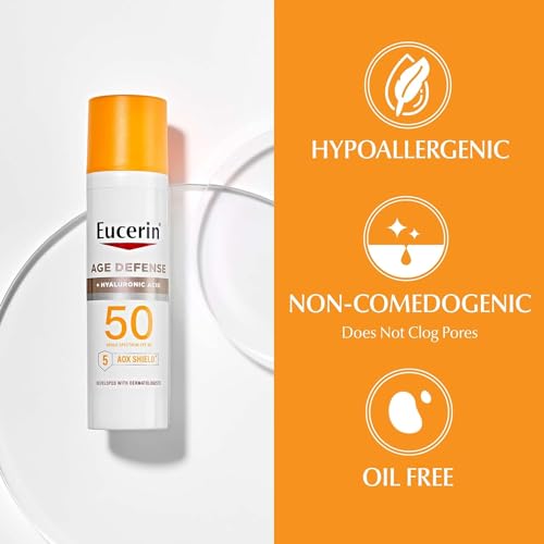 Eucerin Sun Age Defense Face Sunscreen SPF 50 with Hyaluronic Acid, Hypoallergenic, Non-Comedogenic, Fragrance & Oxybenzone Free, 2.5 fl oz