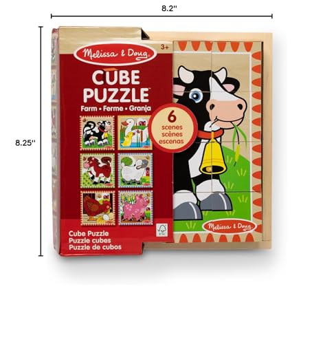 Melissa & Doug Farm Wooden Cube Puzzle with Storage Tray – 6-in-1 Animal Puzzle for Toddlers and Preschoolers – 16 Wooden Cubes – Farm Toy for Kids Ages 3+ - FSC Certified
