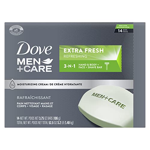 Dove Men+Care 3-in-1 Cleanser Bar for Body, Face & Shaving – Extra Fresh, 14 Bars, Mandarin Citrus, Patchouli & Rosemary, 3.75 oz