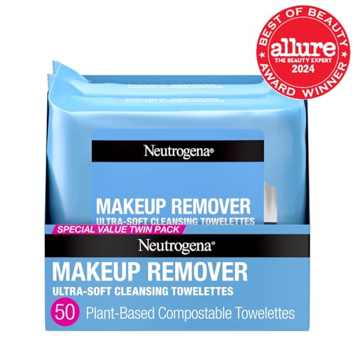 Neutrogena Micellar Makeup Remover Wipes, Alcohol-Free Face Towelettes for Waterproof Makeup & Oil, 100% Plant-Based Cloth, 2 Pack (25 Ct Each)