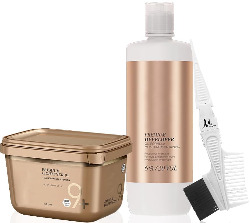 Blonde Me Lightener 9+ Premium Bleach 450 grams, BlondeMe Developer 6% / 20 Vol 1 Liter and M Hair Designs Tint Brush Comb (Bundle)