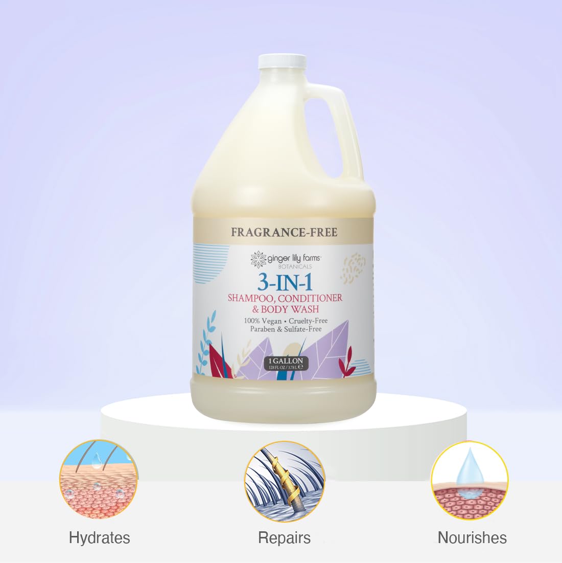 Ginger Lily Farms Botanicals 3-in-1 Shampoo, Conditioner & Body Wash, 100% Vegan & Cruelty-Free, Fragrance Free, 1 Gallon (128 fl oz) Refill