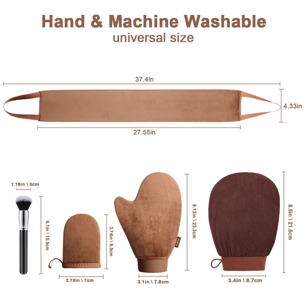 Sanfery 5-Piece Self Tanning Mitt Kit with Self Tanner Back Applicator, Self Tanning Brush, Exfoliating Mitt & Accessories for Flawless Tan